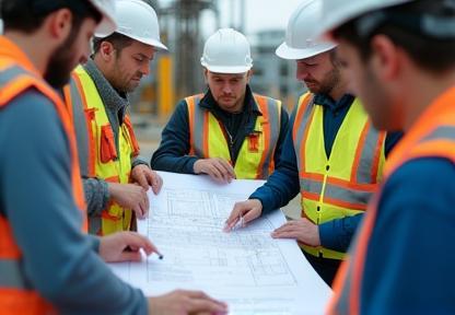 Engineers reviewing blueprints on site